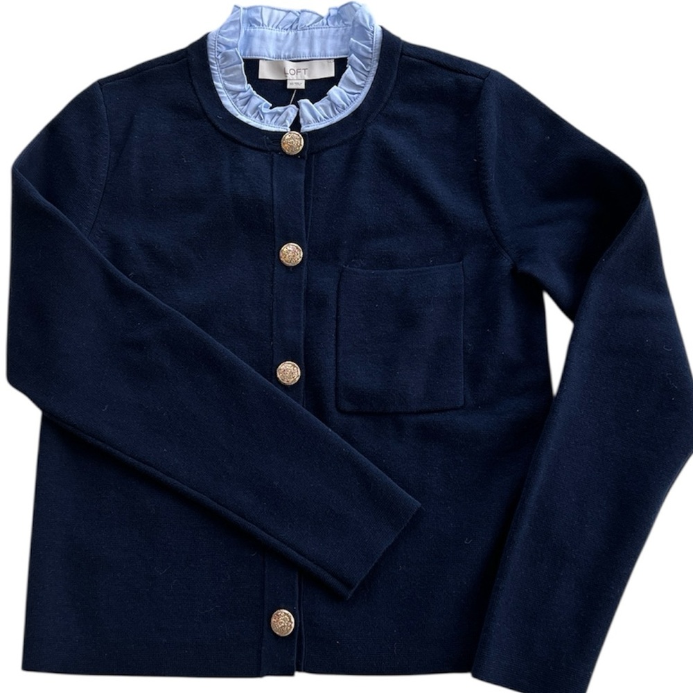 LOFT Navy Cardigan w/ Gold Tone Buttons and Light Blue Ruffed Neckline Size XS